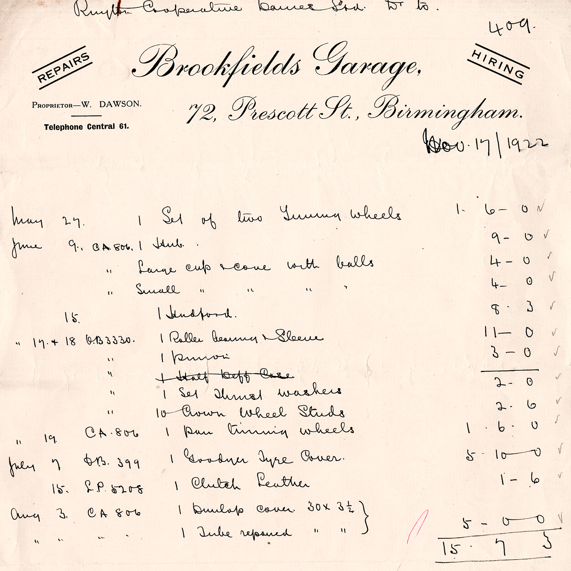 1922 Invoices for vehicle servicing and repair from Brookfields Garage, Birmingham.