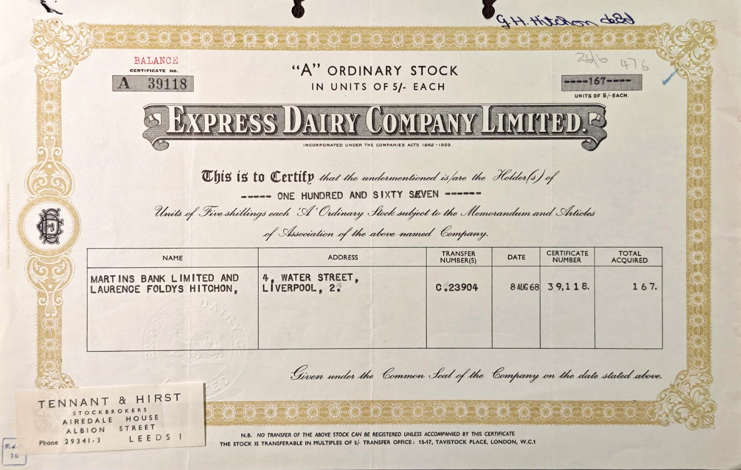 1968 Express Dairy Company Limited Share Certificate, £175 in the name of L. H. Hitchon. (Courtesy eBay)
