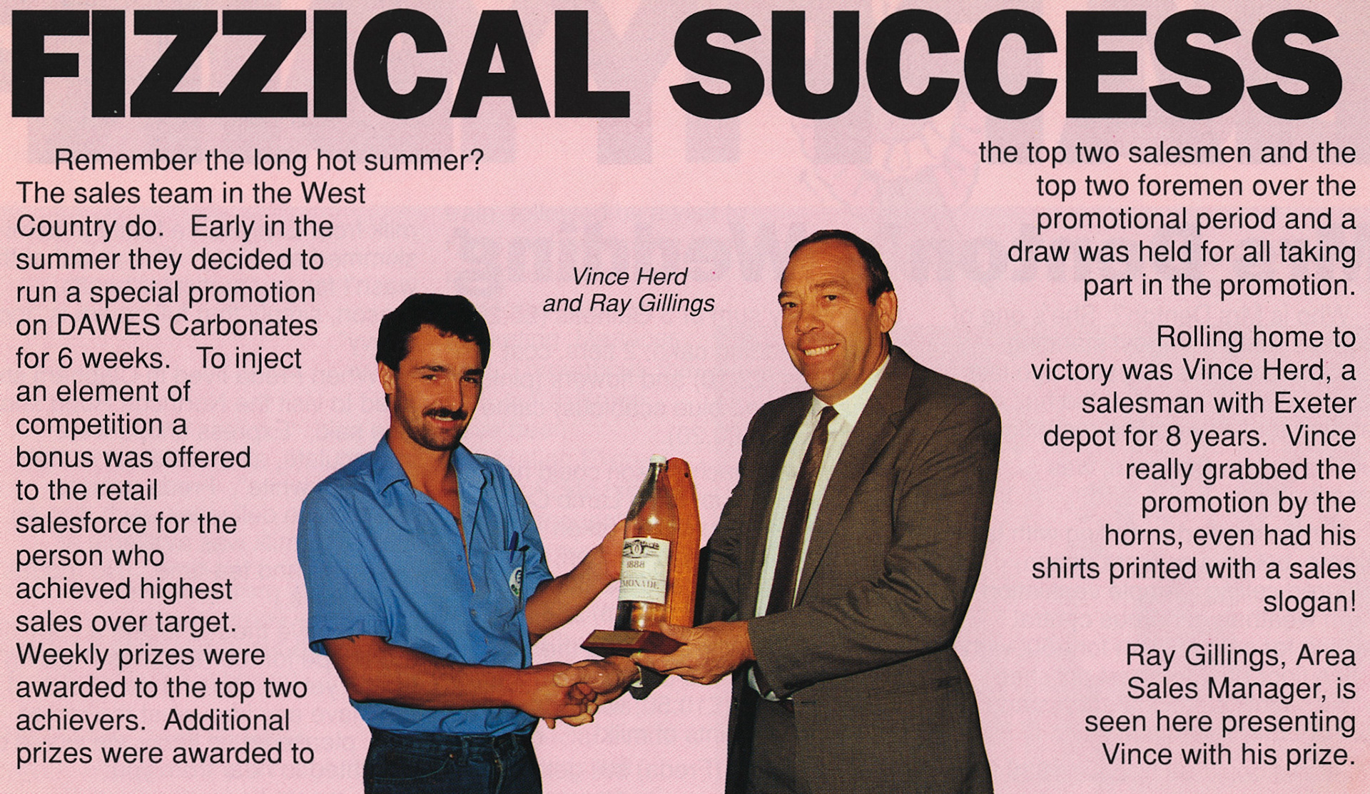 1989 Area Manager Ray Gillings awards Vince Herd of Exeter Retail Depot