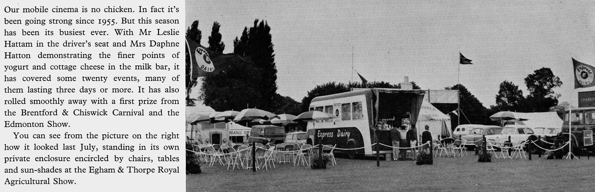 1962 Mobile cinema and milk bar at the Egham &amp; Thorpe Agricultural Show. (Express News Christmas)