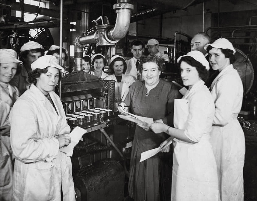 1950's 'The Archers' visit Minsterley Creamery. Harry Oakes as Dan, Gwen Berryman as Doris. Monica Corfield comments "From left: Gloria Rowson nee Dunn, Sheila Jones, Sybil Browning nee Webster, Margaret, married Waters, Mary Purslow married Jessie Rowson, Charlotte Challinor nee Watkin, Irene Purslow nee Evans, Foreman Pat Henson?, Jessie Rowson, Margaret Titley nee Evans, Joyce Mathews nee Farmel or Farnel? with Doris and Dan Archer".