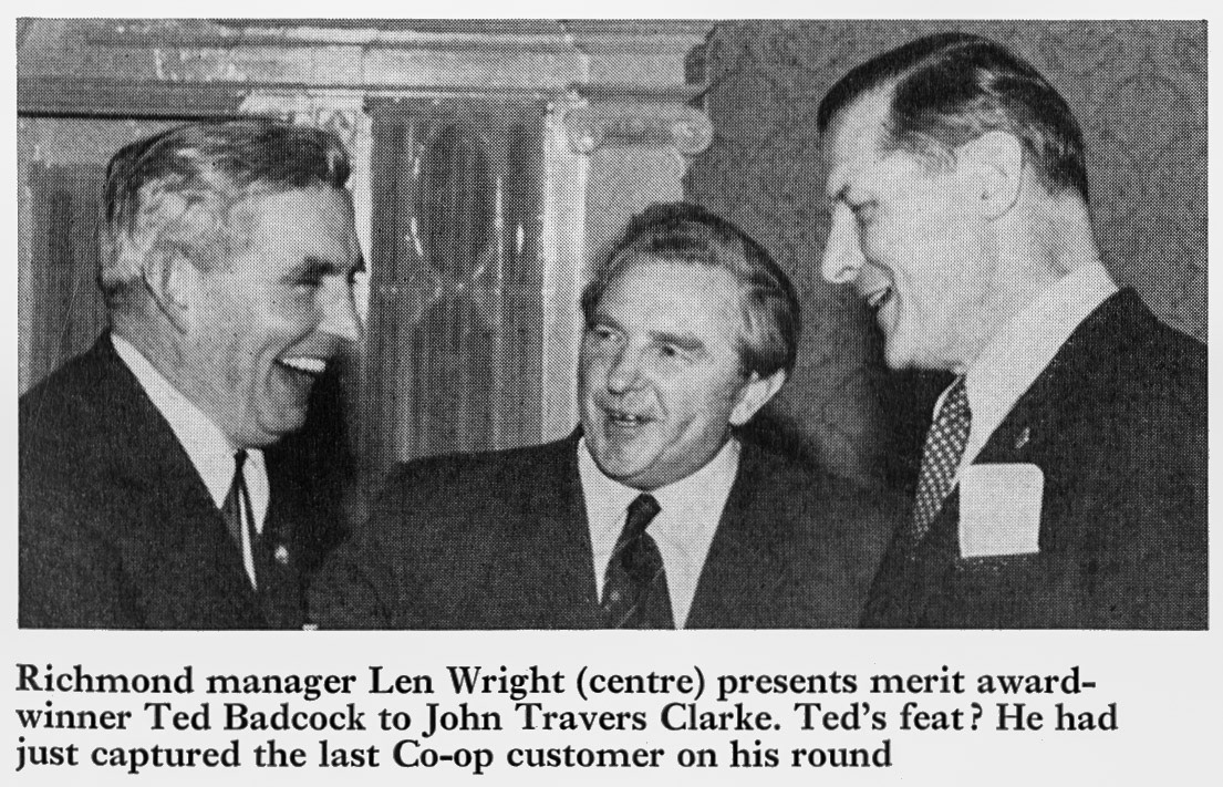 1974 Richmond milkman Ted Badcock is presented by Len Wright (Richmond Manager) to John Travers Clarke.  (Express News Summer)