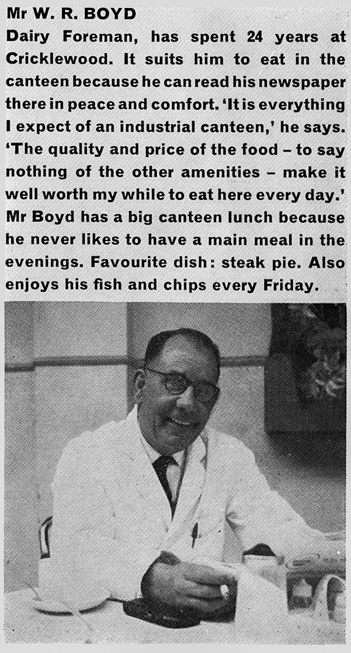 1963 Canteen user Mr W.R. Boyd, Dairy Foreman at Cricklewood, from Staff Canteen Feature. Philip Boyd comments "That is my dad" (Express News Autumn)
