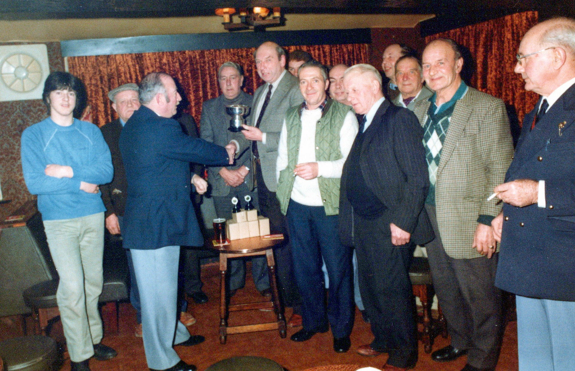 1980's Minsterley British Legion. Kevin Williams identifies Daryl Edwards, Evan Ingram, Les Williams, Bob Jones, Jesse Rowson Kevin Williams, Gordon Edwards, Graham Jones, Robin Leheman, Billy (Baldy) Williams, Cliff Davies, Don Rowson, Bill Coombs. (Courtesy Joe Lyons)