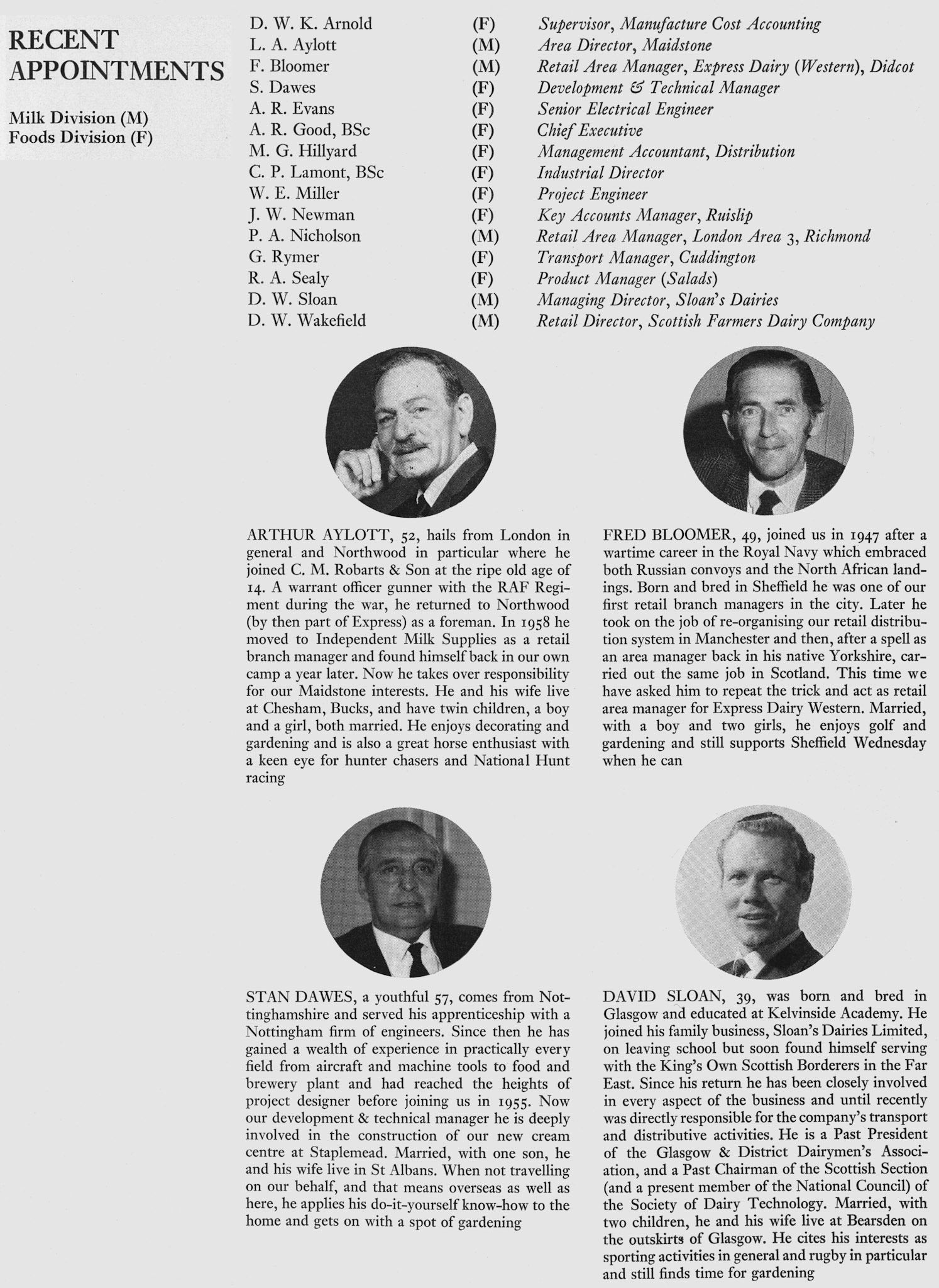 1972 Recent Appointments, featuring Arthur Aylott (Maidstone Area Director), Fred Bloomer (Area Director-Didcot), Stan Dawes (Development Manager) and David Sloan (MD Sloane's Dairies). (Express News Autumn)