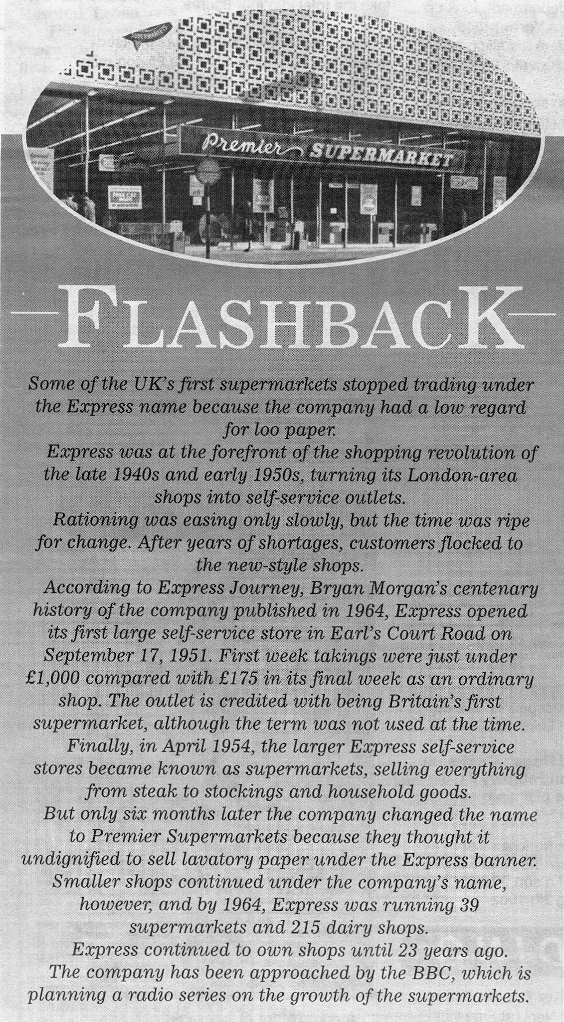 2001 'Flashback' article from Express News, featuring the story of Express shops and supermarkets. (Courtesy Michael Aldread)