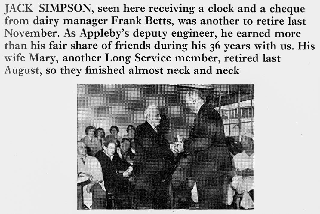 1971 Appleby Deputy Engineer Jack Simpson retires after 36 years, receiving an award from manager Frank Betts. (Express News Spring)