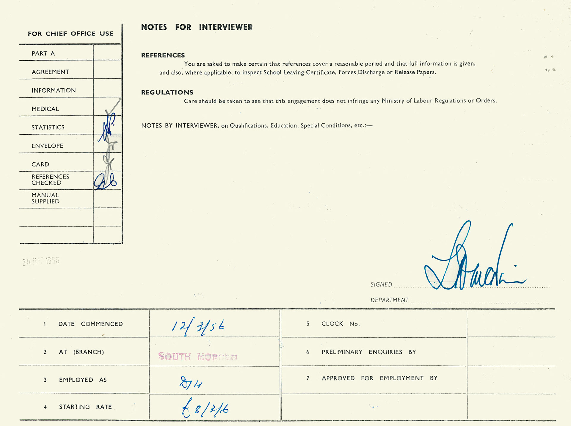 1956 South Morden employment application by Ted Darch, who carried on working at South Morden, as filler supervisor, until the 1980's. Application approved and signed by Mr McNair, the then manager. Interesting to note that Ted worked in the coal mines as a Bevin Boy from 1945-6. Bevin Boys were young British men conscripted to work in coal mines between December 1943 and March 1948, to increase the rate of coal production (Courtesy Mark Hudson)