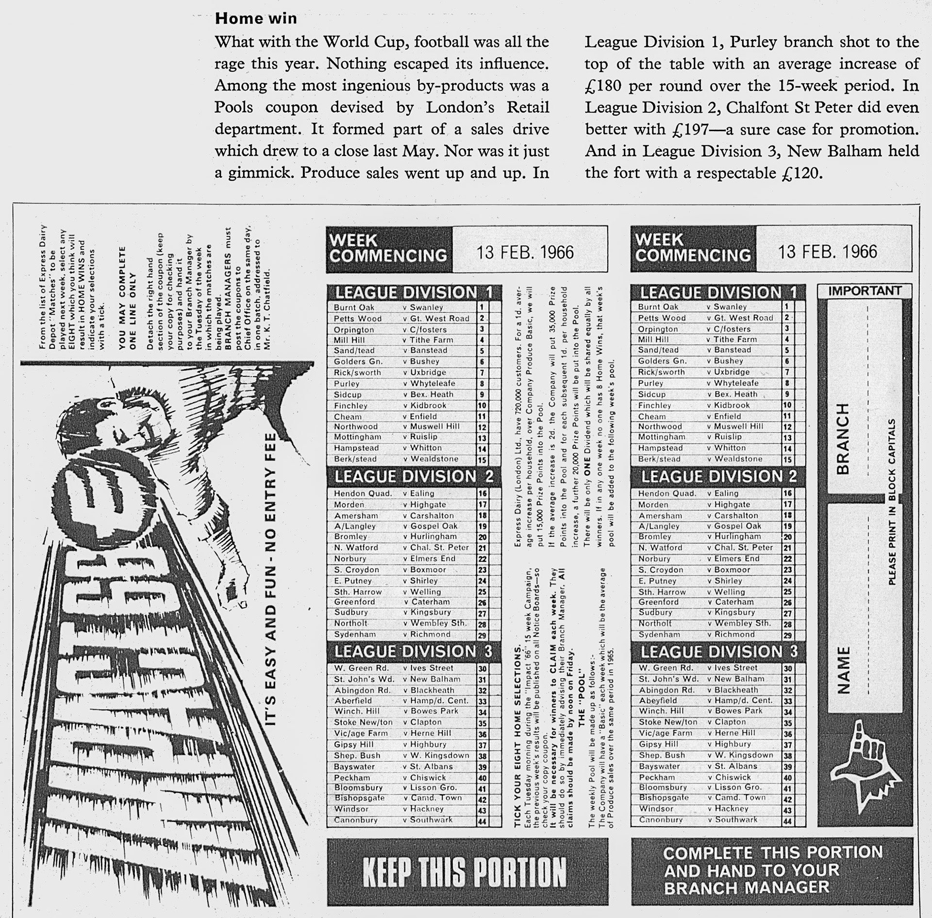 1966 World Cup produce sales promotion for London Retail, with winners at Purley, Chalfont and Balham. (Express News Summer 1966)