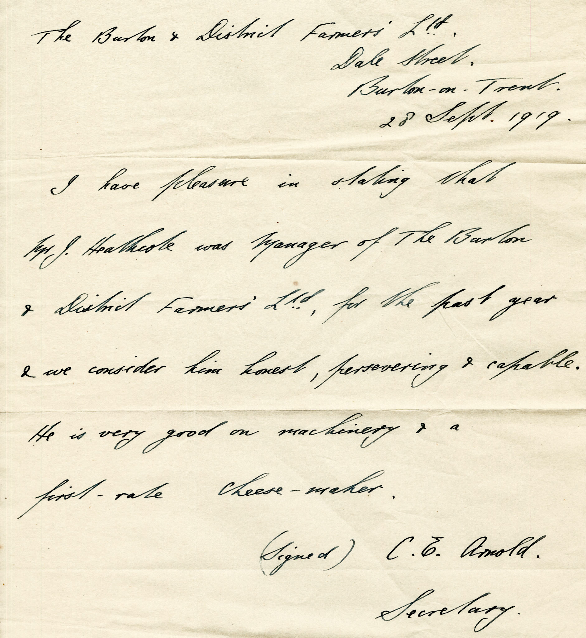 1930 Ruyton Co-operative Dairies-Cheesemaker Job Applications-Mr James Heathcote