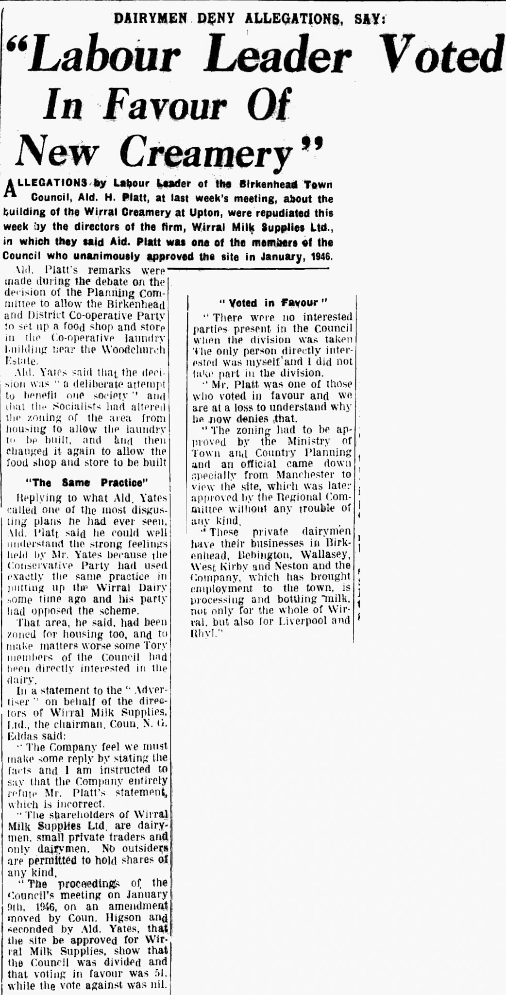 1950 Local discussions about the building of the new Wirral Milk Supplies creamery at Upton. (Courtesy Birkenhead &amp; Cheshire Advertiser - Saturday 18 March)