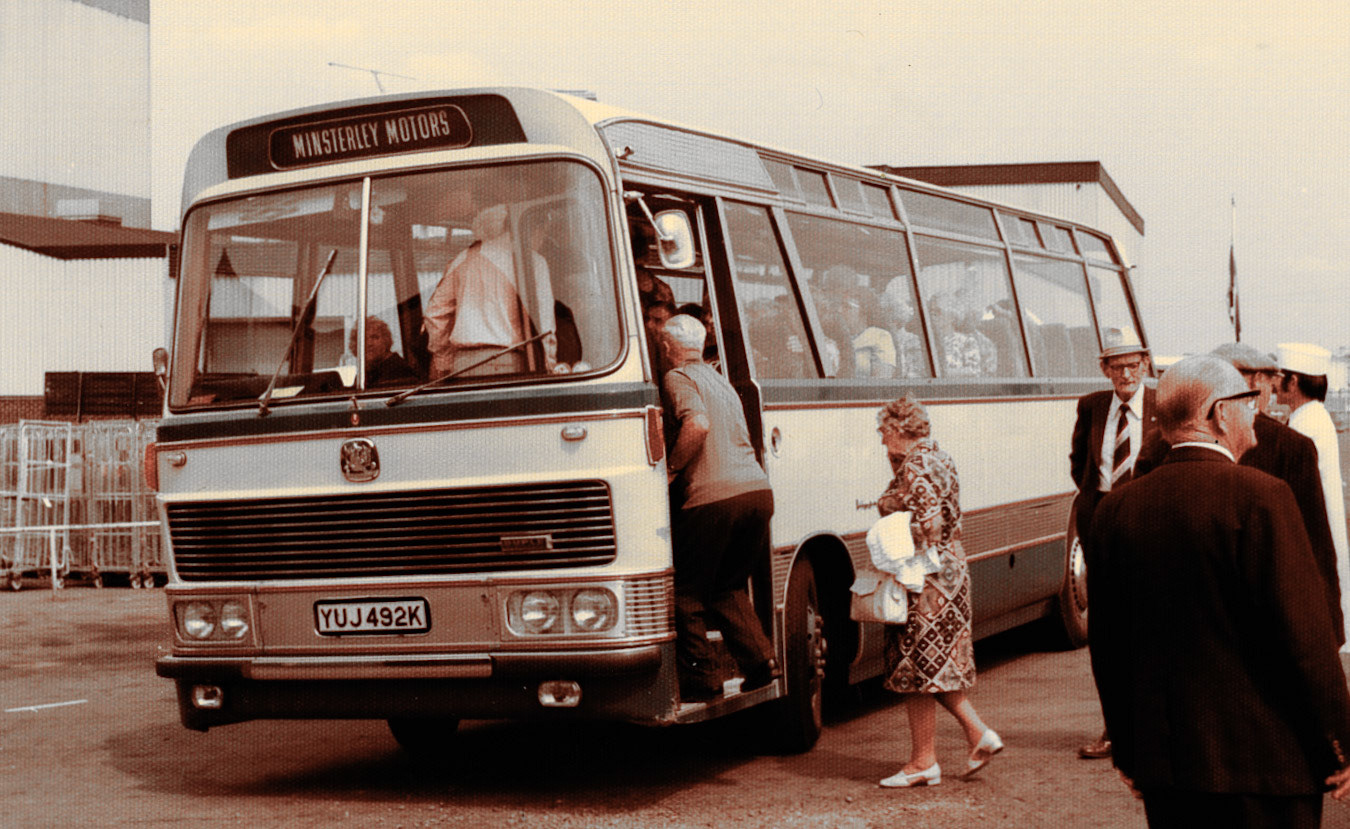 Chris Elmes comments "That was my Dad's favourite coach to drive with me riding shotgun. I have the front numberplate off that coach. And we own the sister coach to it too." Shirley Rowson comments "My Dad (Bill Childs) in the striped tie"  (Courtesy Joe Lyons)