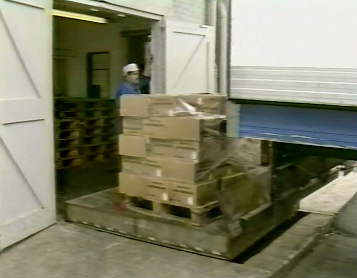 1989 Reece's Creamery-Cheshire Cheese Production-after around 21 days, the cheese is removed from the cold store and sent to Oswestry Cheese Packing Plant