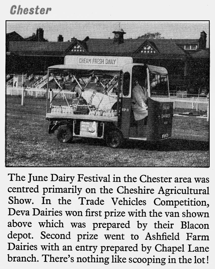1956 Deva Dairies won first prize for a Trade Vehicle, prepared by Blacon Depot. The name comes from the Roman name for Chester-Deva Victrix, dating back to AD 70. (Express News September)