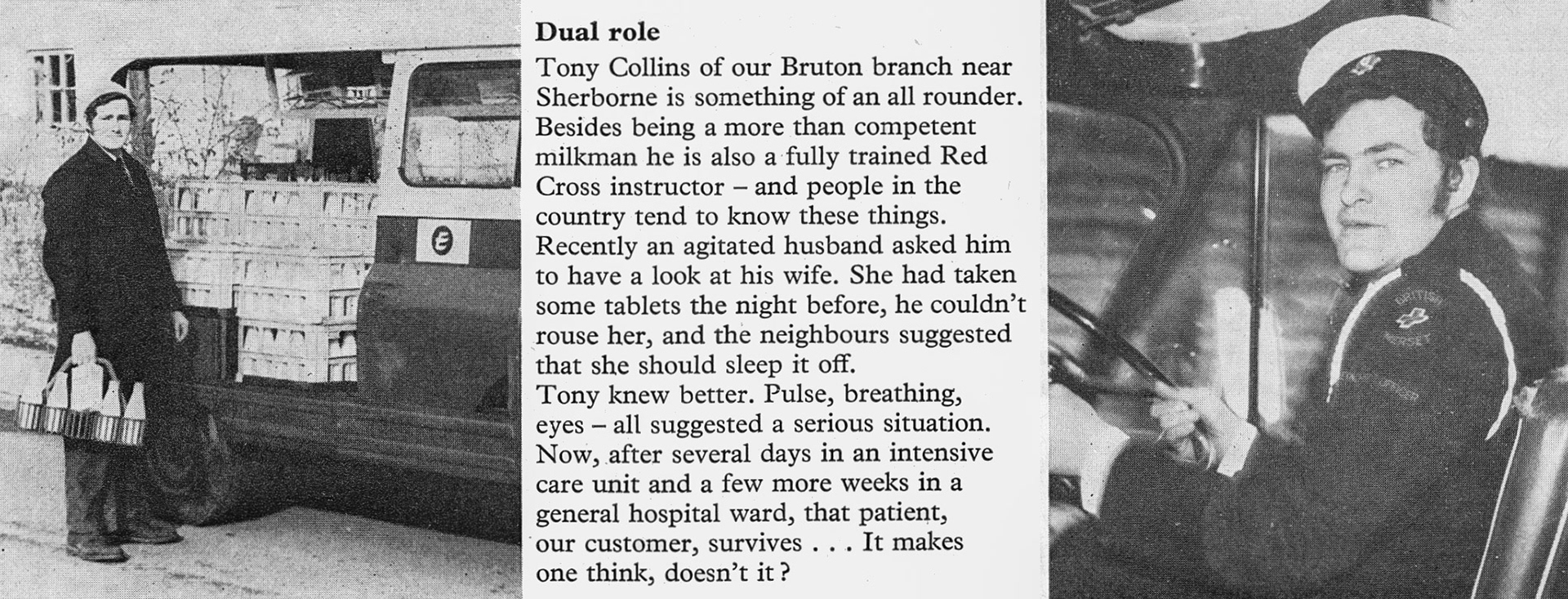 1976 Bruton milkman Tony Collins helps a customer with his ill wife. Derek Hollis comments "I remember Tony well, bloody good milkman-always at the top when selling was the game." (Express News Summer)
