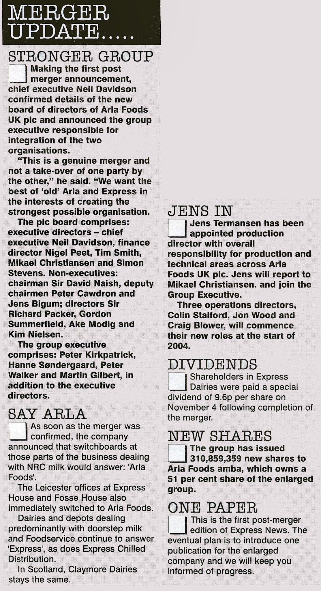 2003 Directors of the new Arla Foods UK announced, and said to be a 'genuine merger'. (Express News December, courtesy Paul Luke)