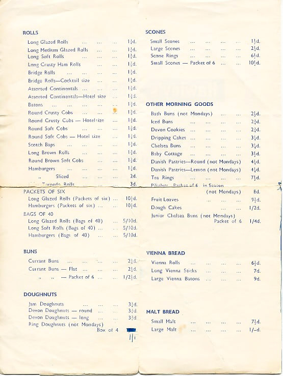 1965 Hawley's Bakeries, Moseley Road, Birmingham-Price List. (Courtesy Andy Sintome)