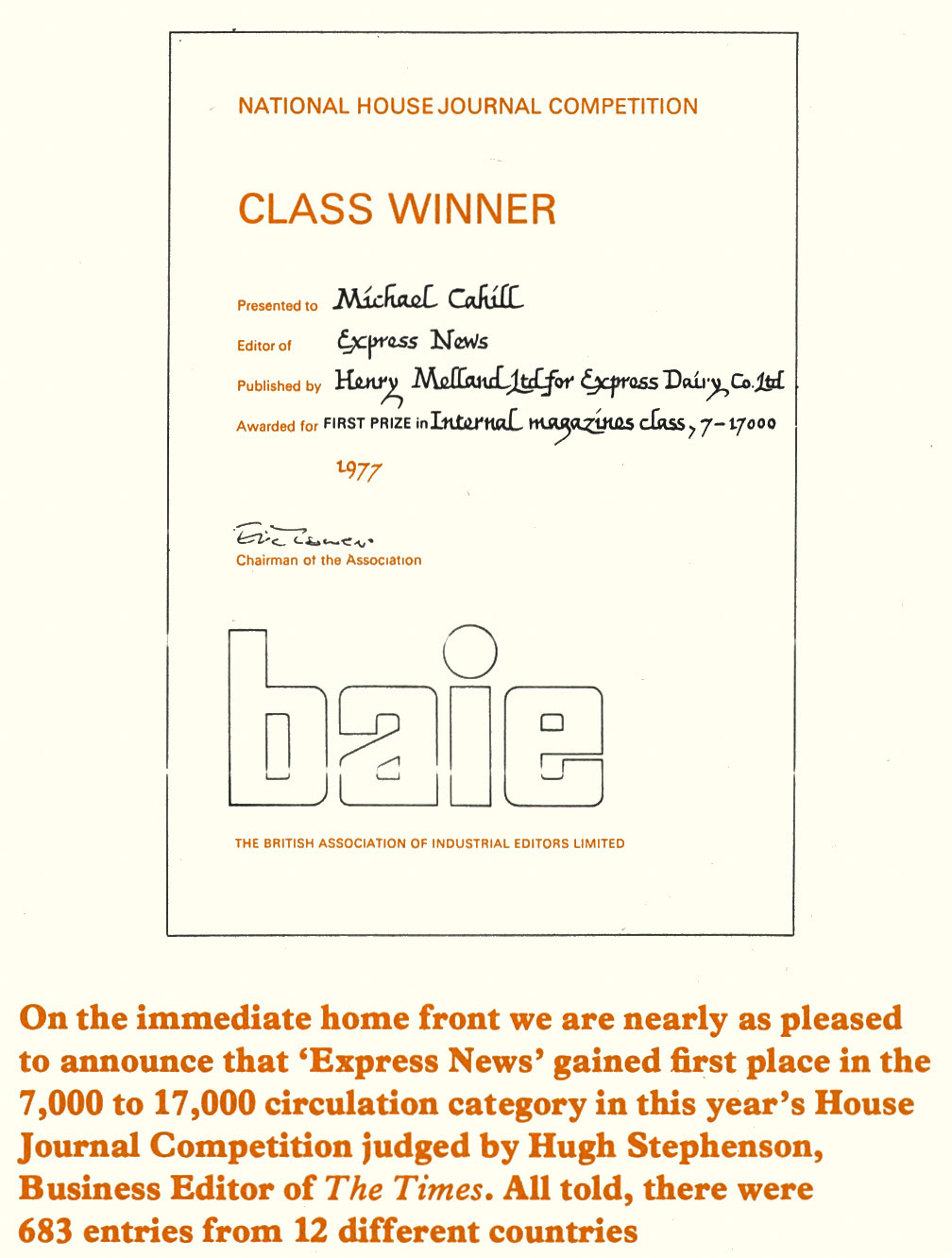 1977 The Editor of Express News receives a First Prize award. (Express News Summer)