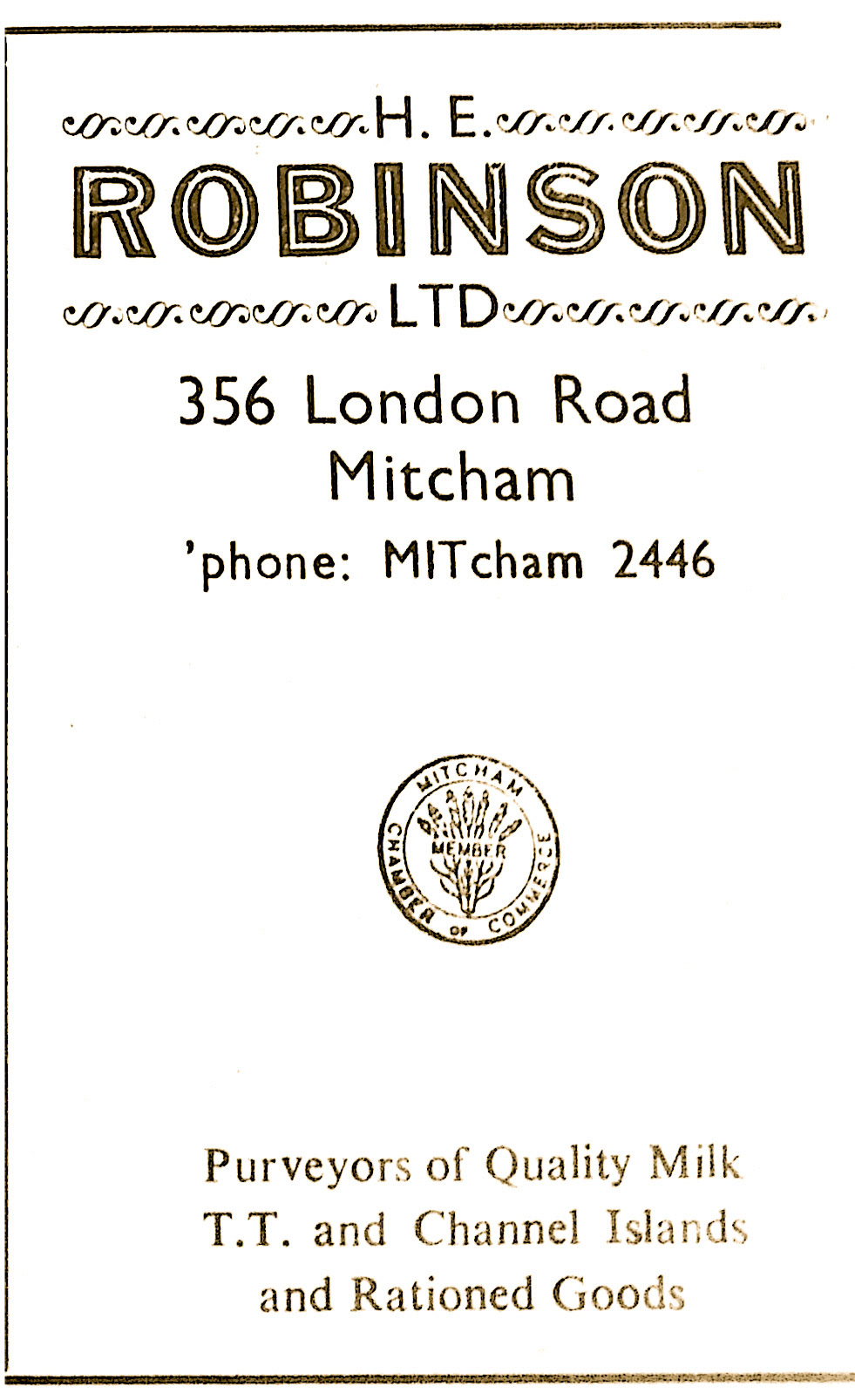 1952 Advertisement for H.E. Robinson Dairy, Mitcham, Surrey (Courtesy Mitcham History)