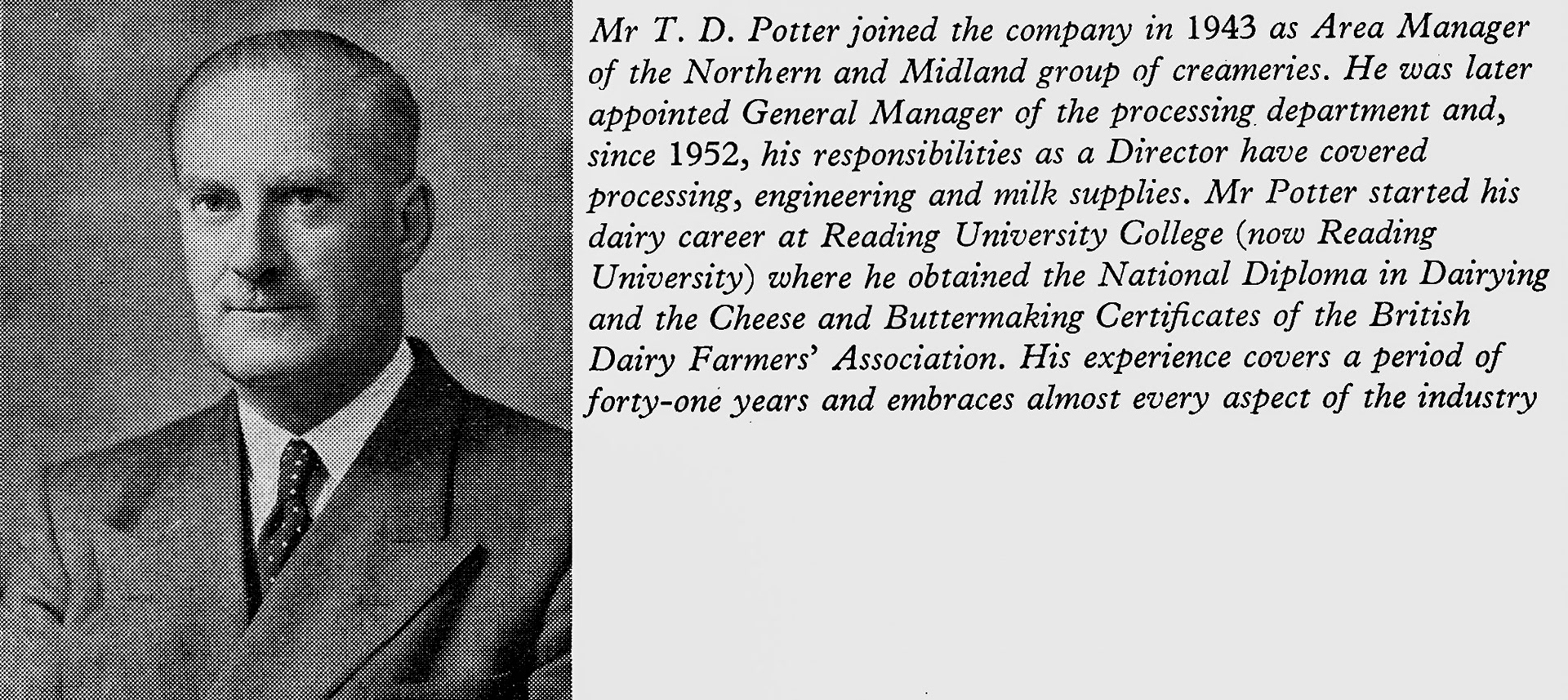 1956 profile of T.D. Potter, Director of the Milk Supplies Department. (Express News April)