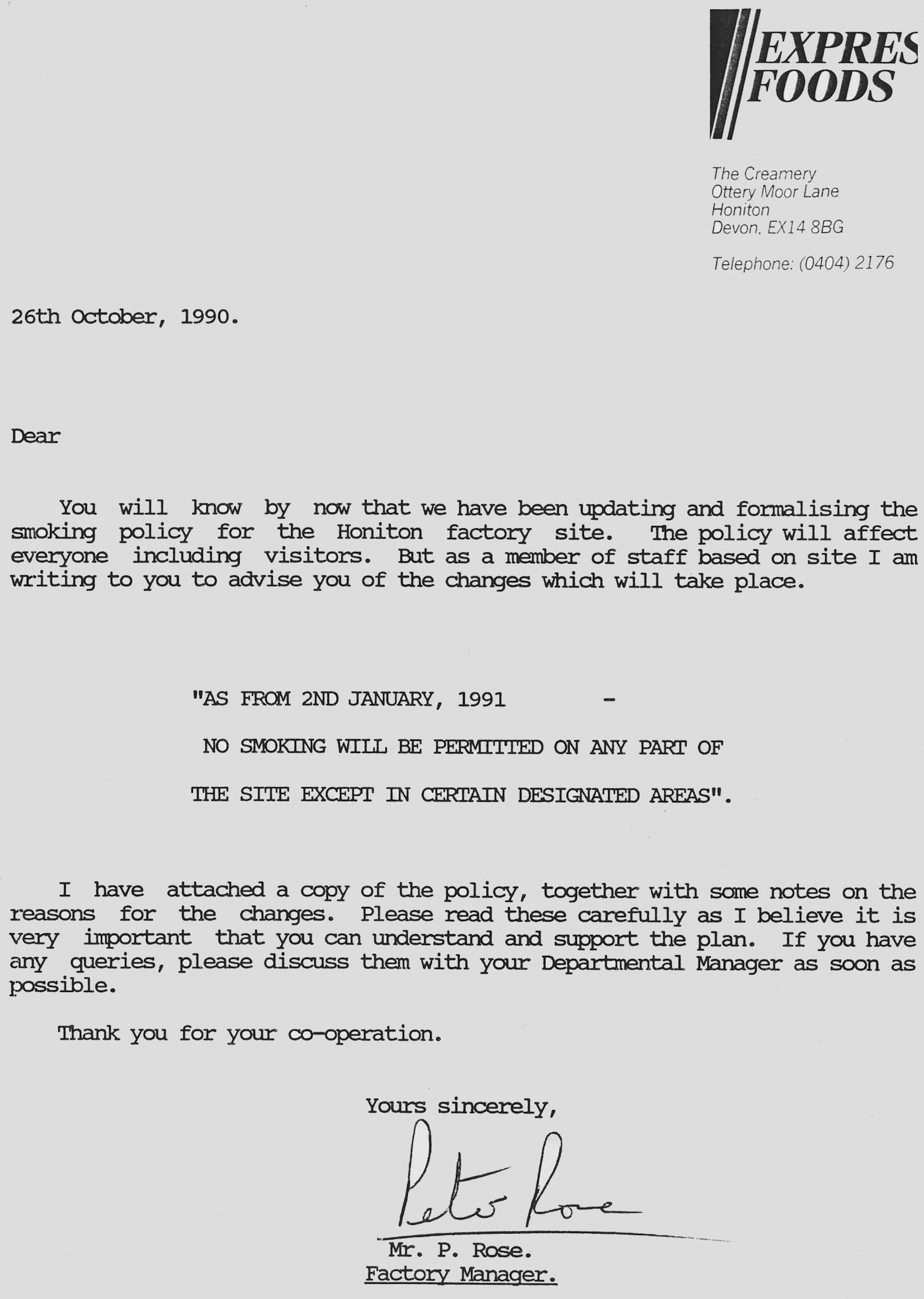 1990 Honiton-Introduction of smoking policy, with segregation of canteen areas. (Courtesy Soo Rose-Cook)