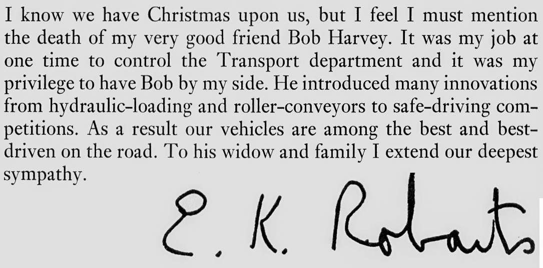 1972 Eric Robarts announced the death of Bob Harvey, Transport Director for many years. (Express News Christmas)