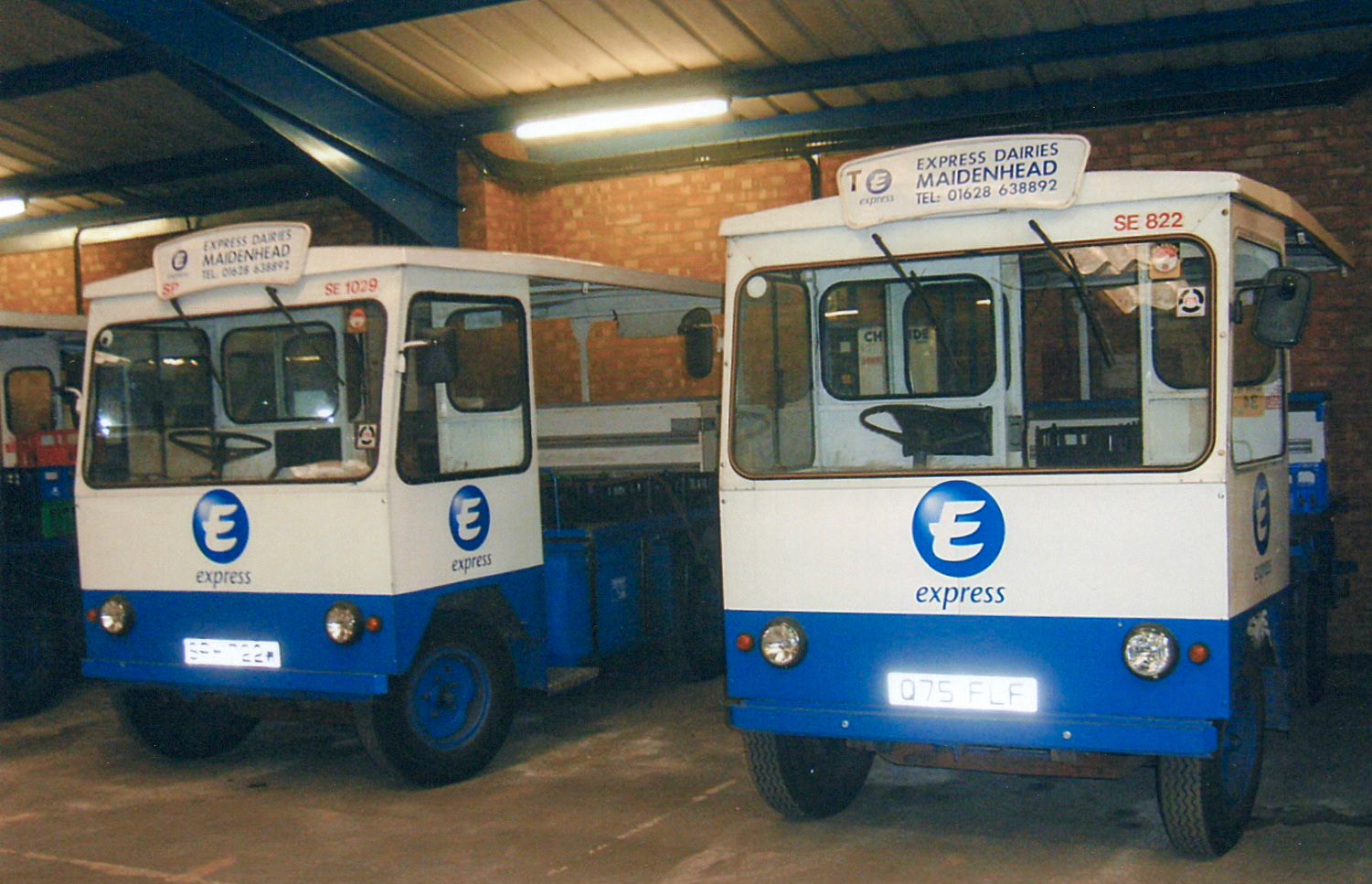 2002 Maidenhead  Reg SRH 722W Fleet: SE 1029, and Reg: Q75 FLF Fleet SE822. Keith Viney comments "Three depots were combined-Express High Wycombe and Windsor depots, along with Maidenhead Unigate. We got milk from Arla, then Dairy Crest/ Milk and More." Paul Batchelor comments "I remember being contacted, after being made redundant in August 2001, if I would go back to help get this depot ready for opening. Installing new battery chargers for the electric vehicles and arranging for new Ford transits to have bodies fitted at Osborne Motor Bodies in Saffron Walden Essex. Mission completed" (Courtesy Michael Aldread)