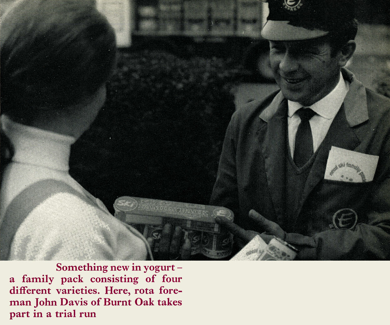 1969 Burnt Oak rota foreman John Davis promotes Ski Yogurt family pack. (Express News Christmas)