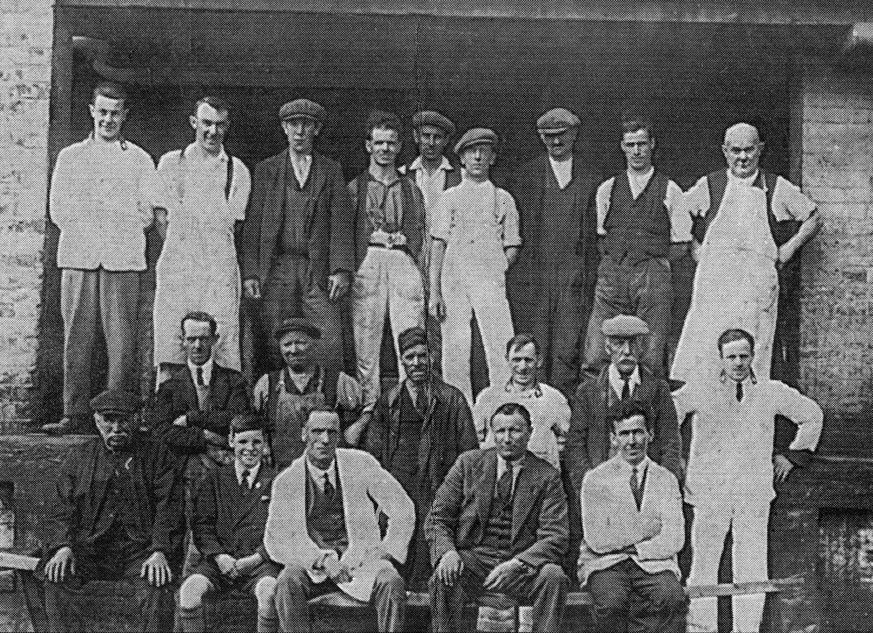 Minsterley Creamery. Christine Davies comments "Second on left, back row is Robert Adams. His brother Fred also worked there; Sam Adams, another brother, was signalman at Hanwood /Hookagate.  A lovely family, Robert was married to my Grandmother."(Courtesy Joe Lyons)