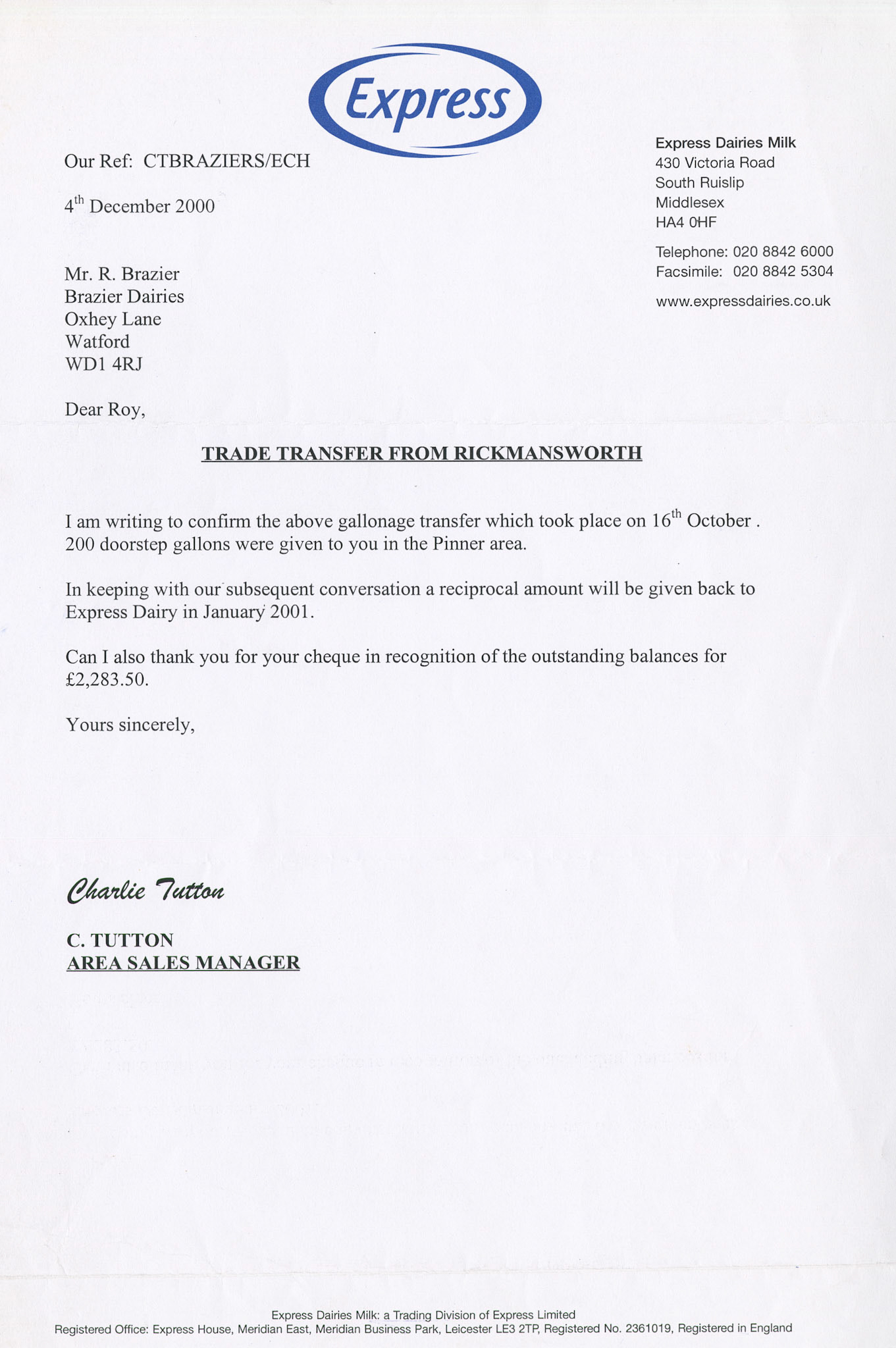 2000 Letter from Charlie Tutton, Express Area Sales Manager, confirming Brazier's gallonage swaps between Rickmansworth and Pinner. (Courtesy Paul Luke)