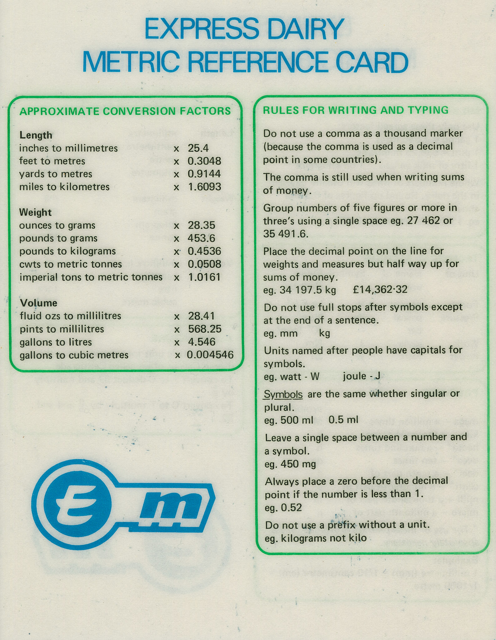 1971 Metrication Reference Card 2 created by Peter Roper, Milk Division 'Metrication Manager'
