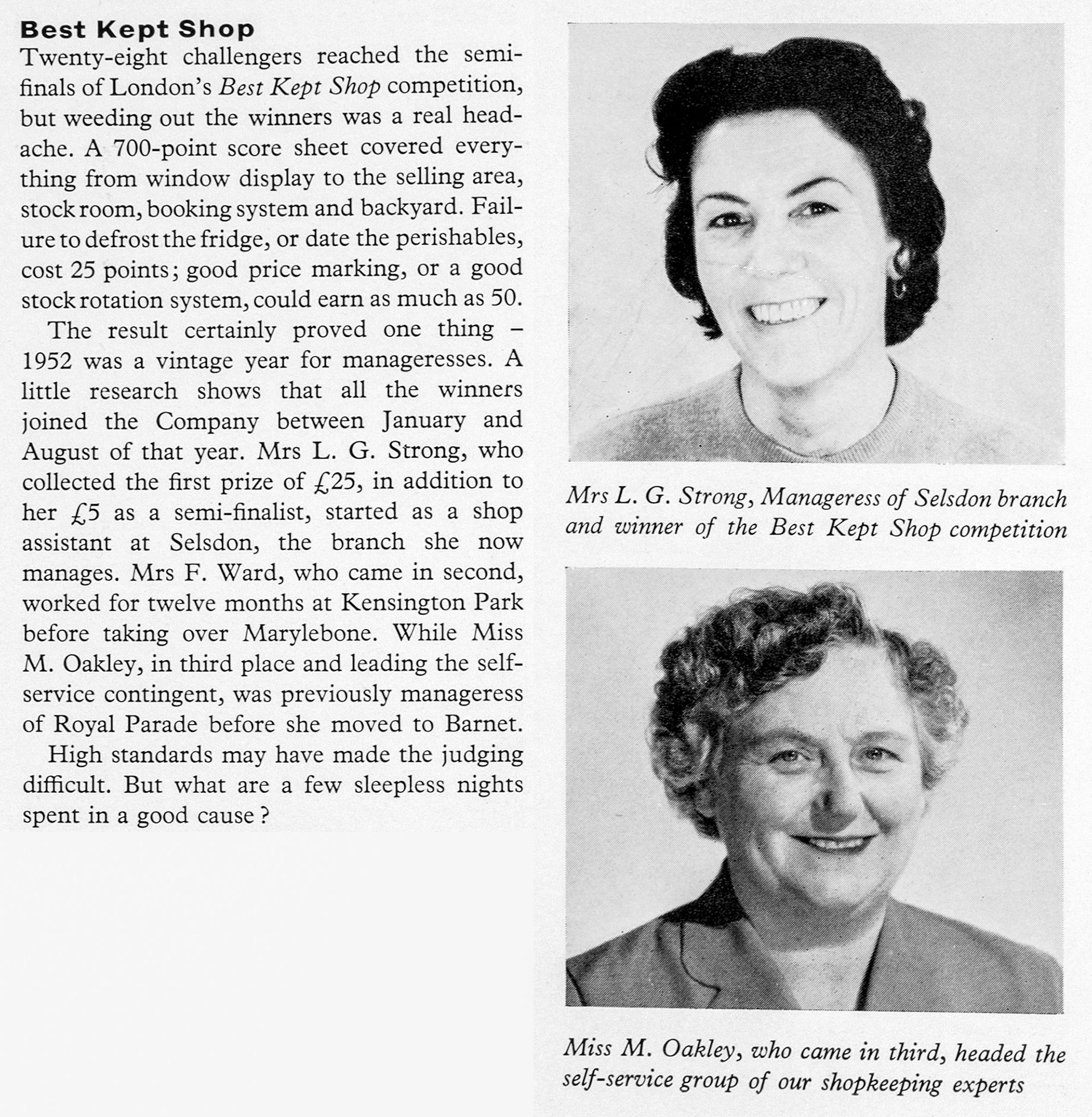 1961 London 'Best Kept Shop' competition won by Mrs L.G. Strong (Selsdon), runners up Mrs F. Ward (Kensington Park and Marylebone), and Miss M. Oakley (Royal Parade and Barnet). Brian Wastell comments "My aunt, Minnie Oakley, pictured." (Express News Autumn)