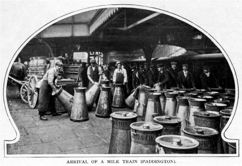 1903 Milk arriving at Paddington Station, London. (Courtesy Mary Evans Picture Library)
