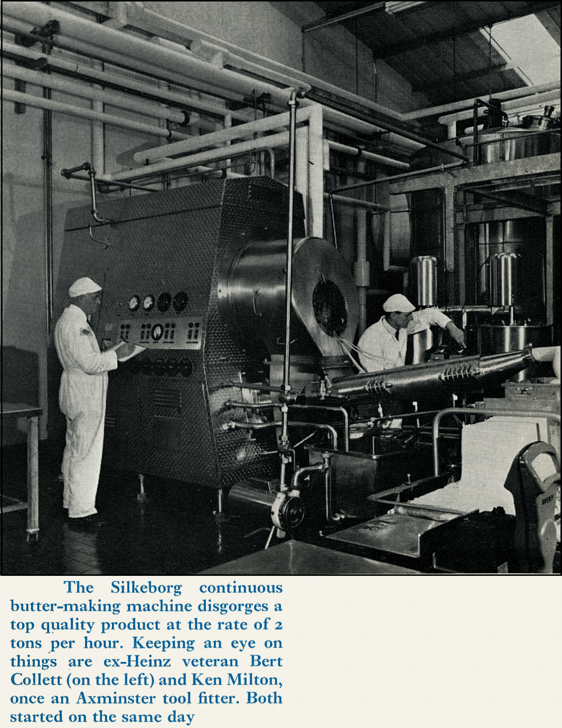 1969 Honiton Creamery, with Bert Collett and Ken Milton . Christopher Ian Challis remembers "I cut my finger on the butter slicer and ended up in Honiton hospital with stitches in my finger. Still see the scar today." (Express News Christmas)