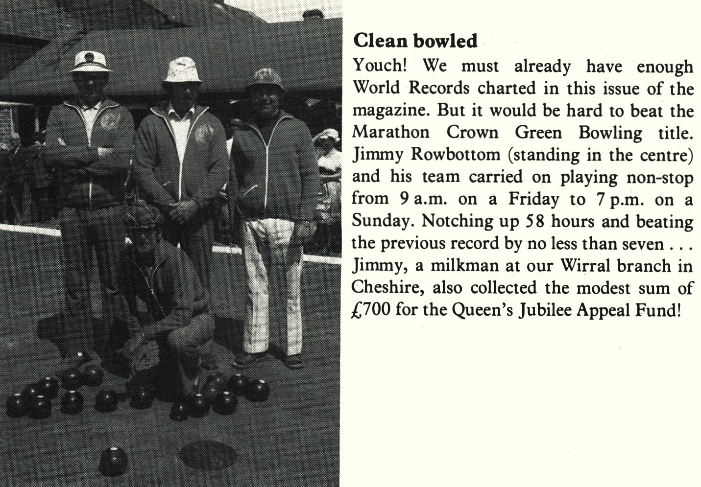 1977 Wirral milkman Jimmy Rowbottom breaks bowling records for charity. (Express News Christmas)