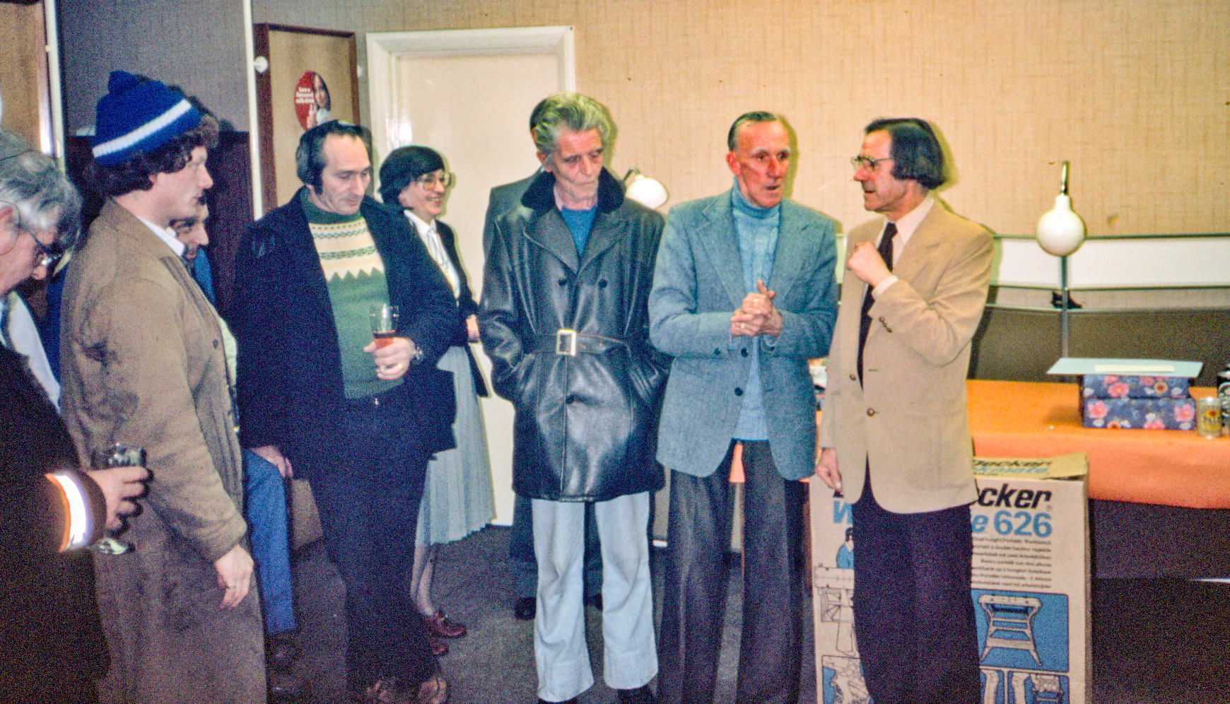 1981 South Morden visitors room. Retirement party for George Parker. L-R John Tobin, Ken Sherrington, Dave Roper?, ?, Mrs Parker, ?, ?, George Parker.