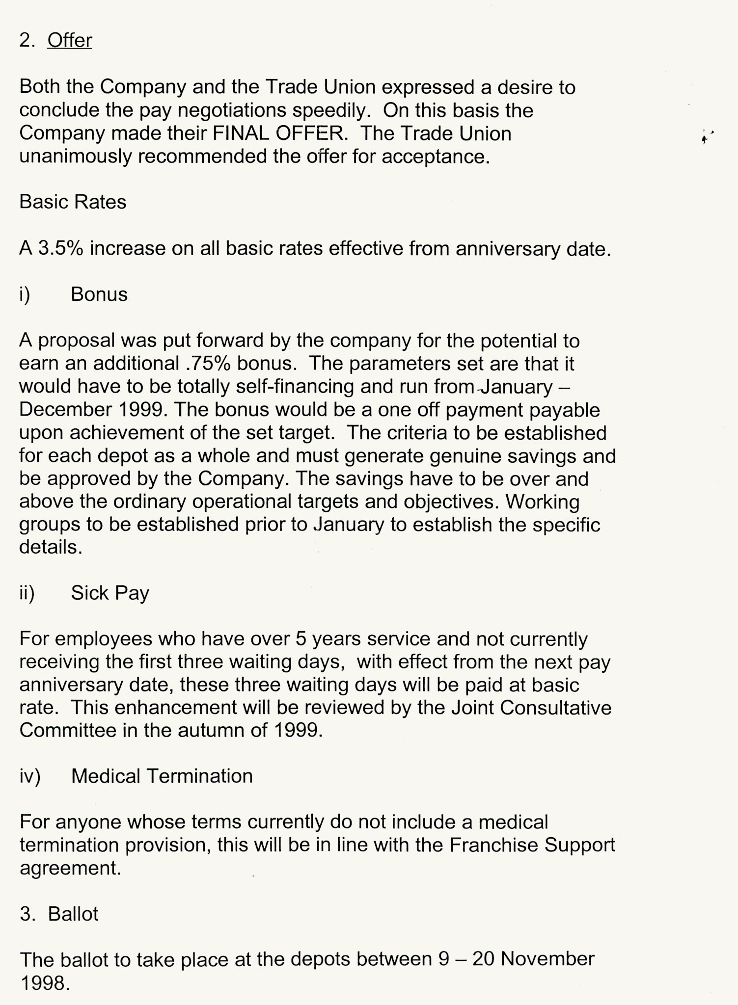 1998 Express Dairies Direct Service joint union and Company statement recommending the Company's offer. (Courtesy Michael Aldread)