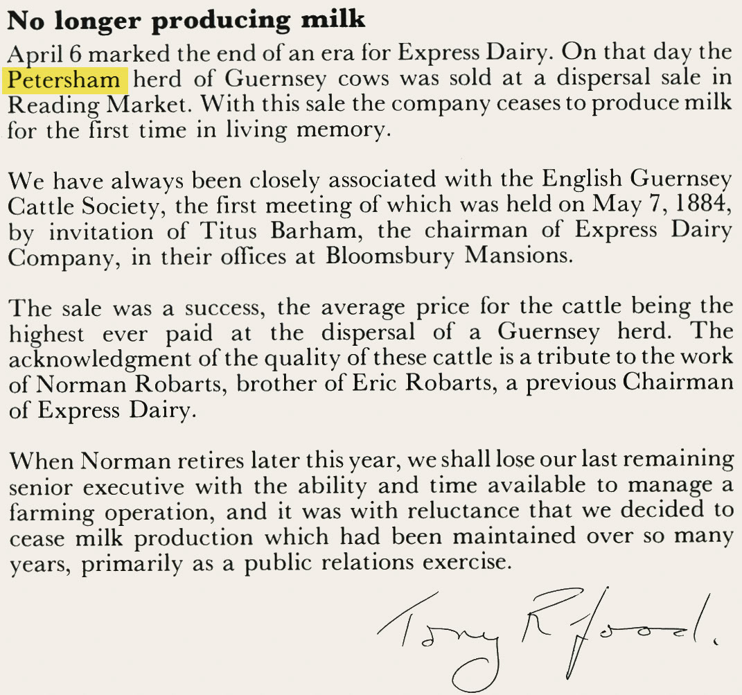 1982 Tony Good announces the sale of the Guernsey herd at Petersham Farm. (Express News April)