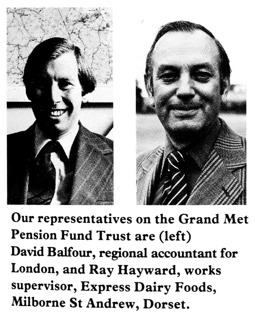 1979 Feature article about the Grand Met Pension scheme-David Balfour (London Region Accountant) and Ray Hayward (Milborne Works Supervisor). (Express News Autumn)