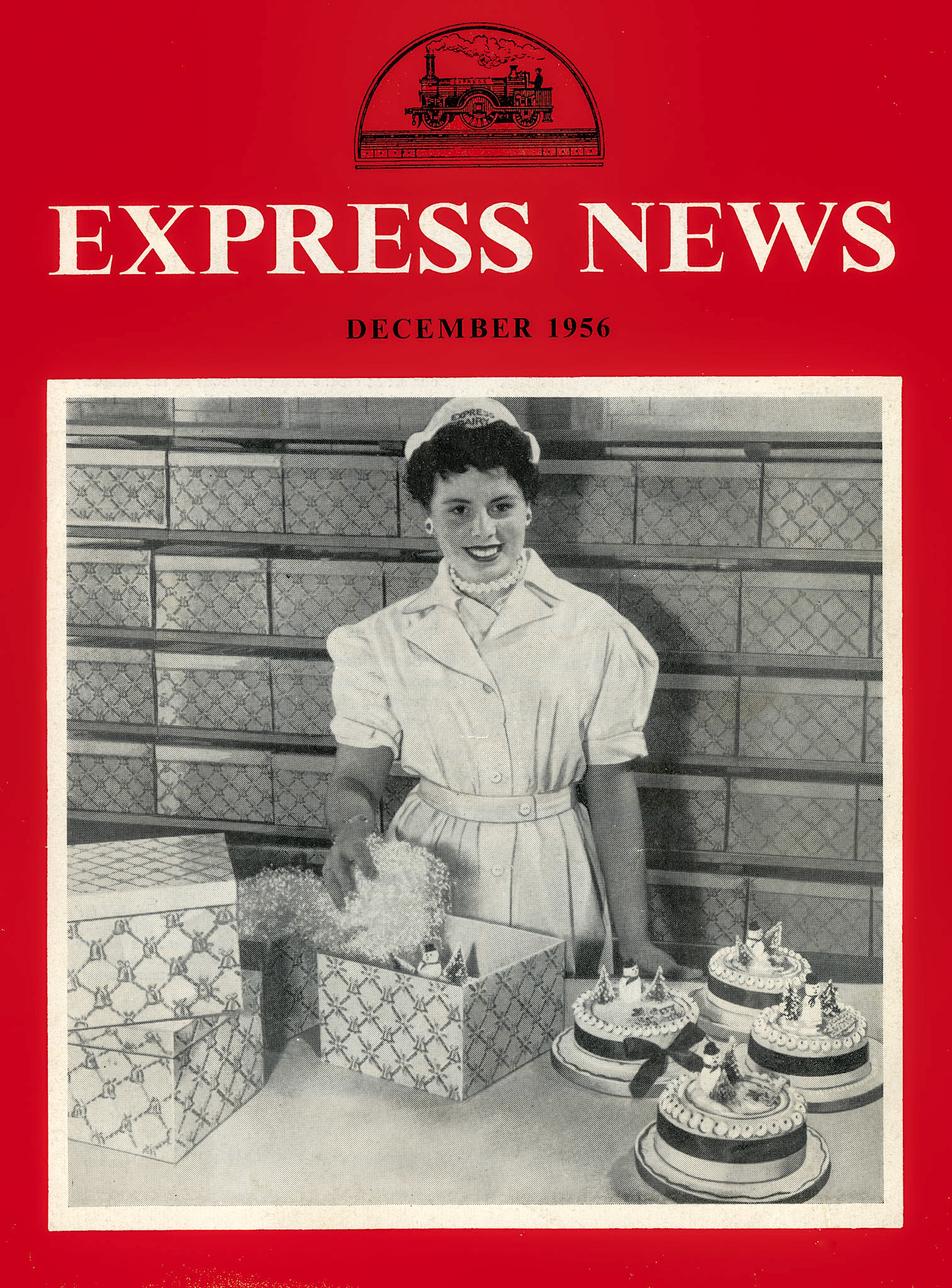 1956 Drayton Park Bakery-Miss June Williams parcels up a cake for Christmas. (Express News Front Cover, December)