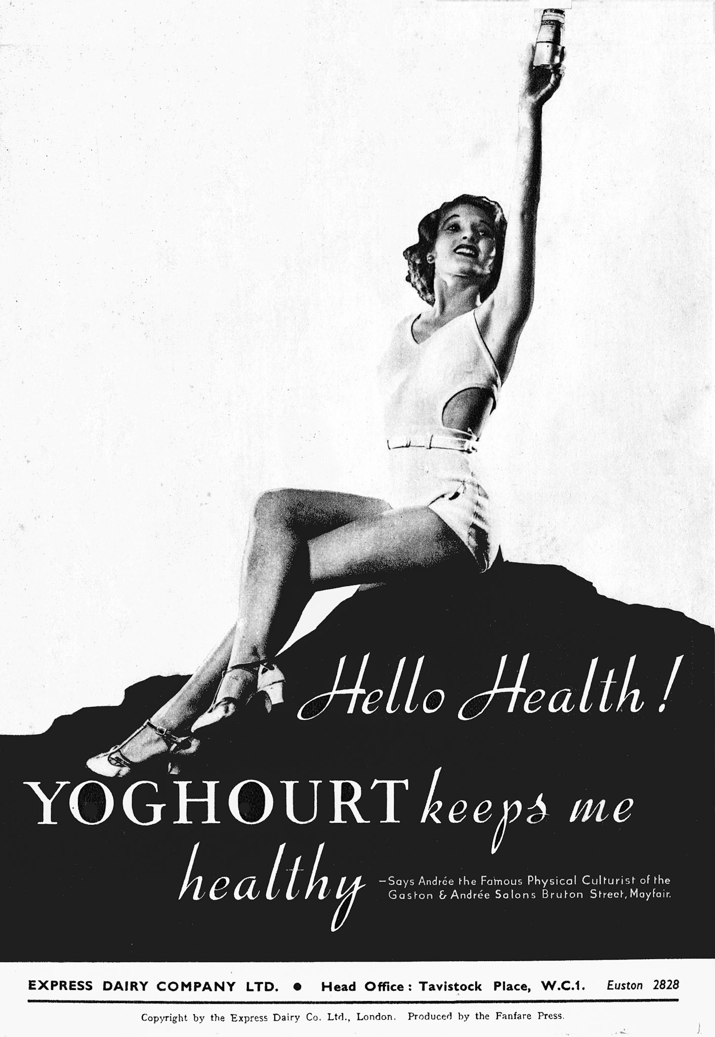 1935 January-Dairymaid Magazine 43 Back Cover 18. Dancer and physical culture expert, Rosemary Andree and her partner, Gaston ran a beauty salon in Mayfair, and also sold fitness equipment. (Express Dairy Tales Archive)