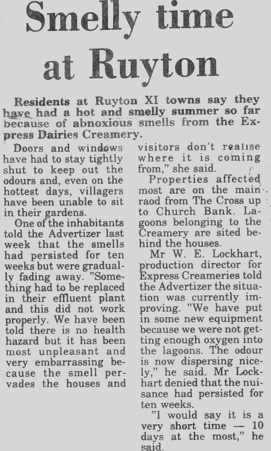 1984 Complaints about smell from Ruyton Creamery effluent plant. (Courtesy Yoland Brown, Yoland@eleventowns.co.uk, www.eleventowns.uk/history.html)