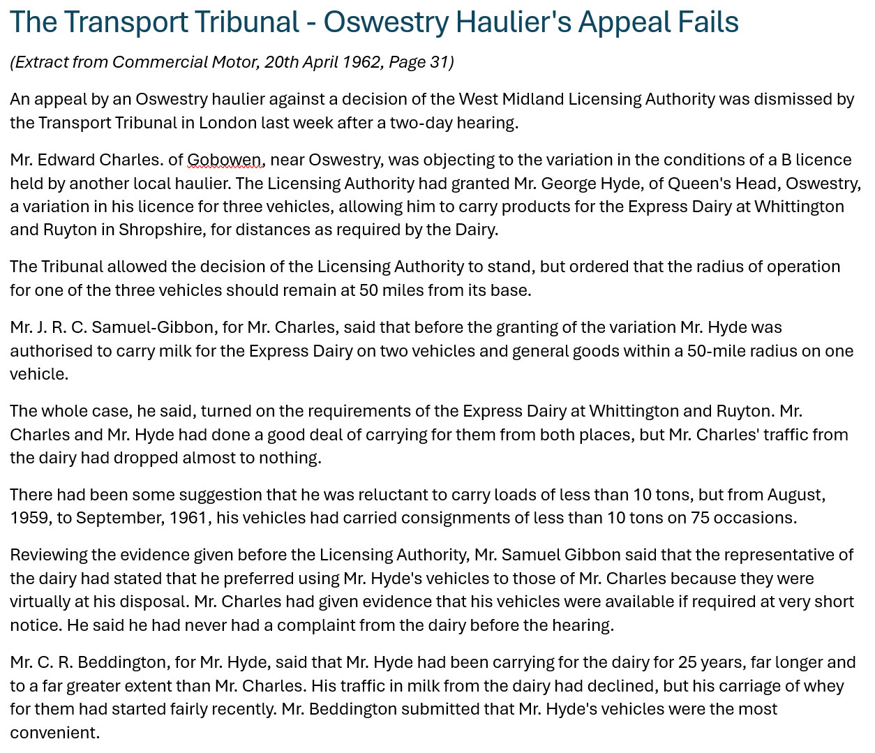 1931 Ruyton and Whittington-The Transport Tribunal - Oswestry Haulier's Appeal Fails (Courtesy Commercial Motor, 20th April 1962)