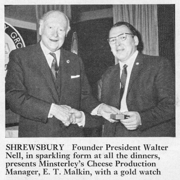1971 Walter Nell presents a gold watch to Cheese Production Manager E.T. Malkin