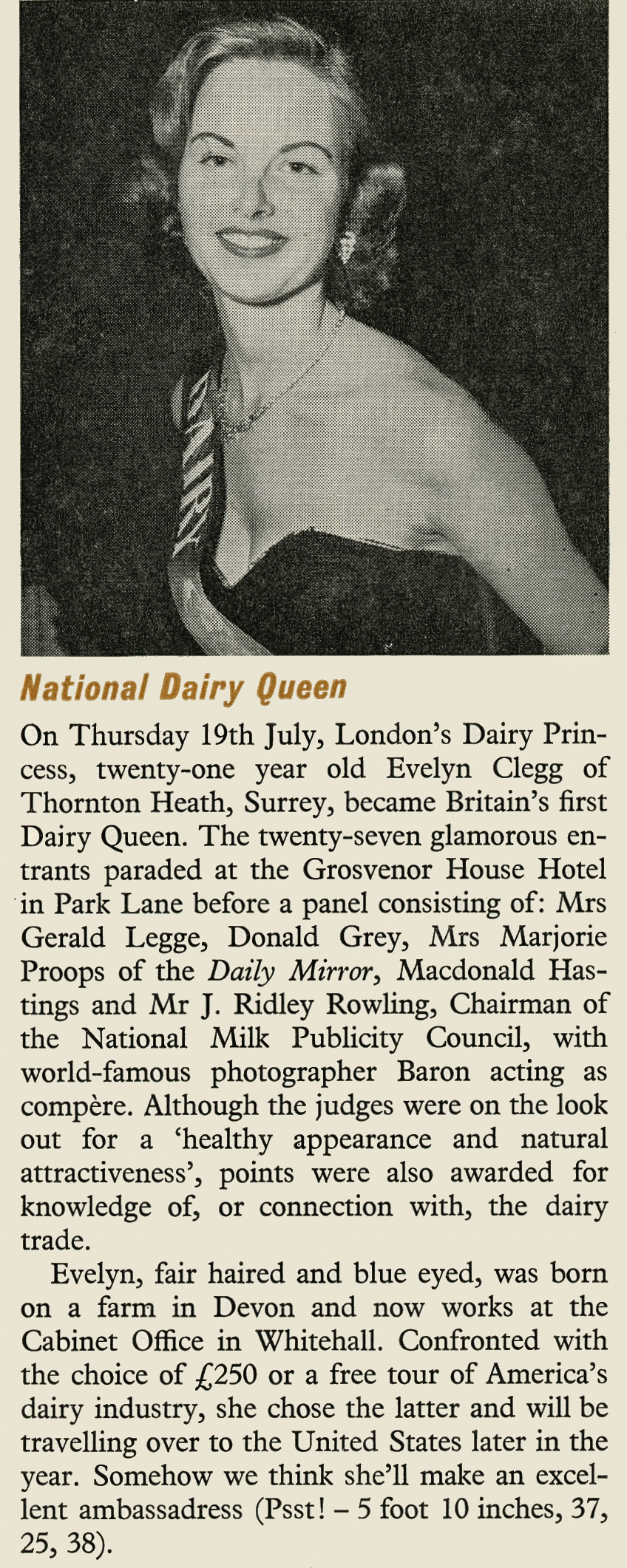 1956 London Dairy Princess Evelyn Clegg, from Thornton Heath. (Express News September)