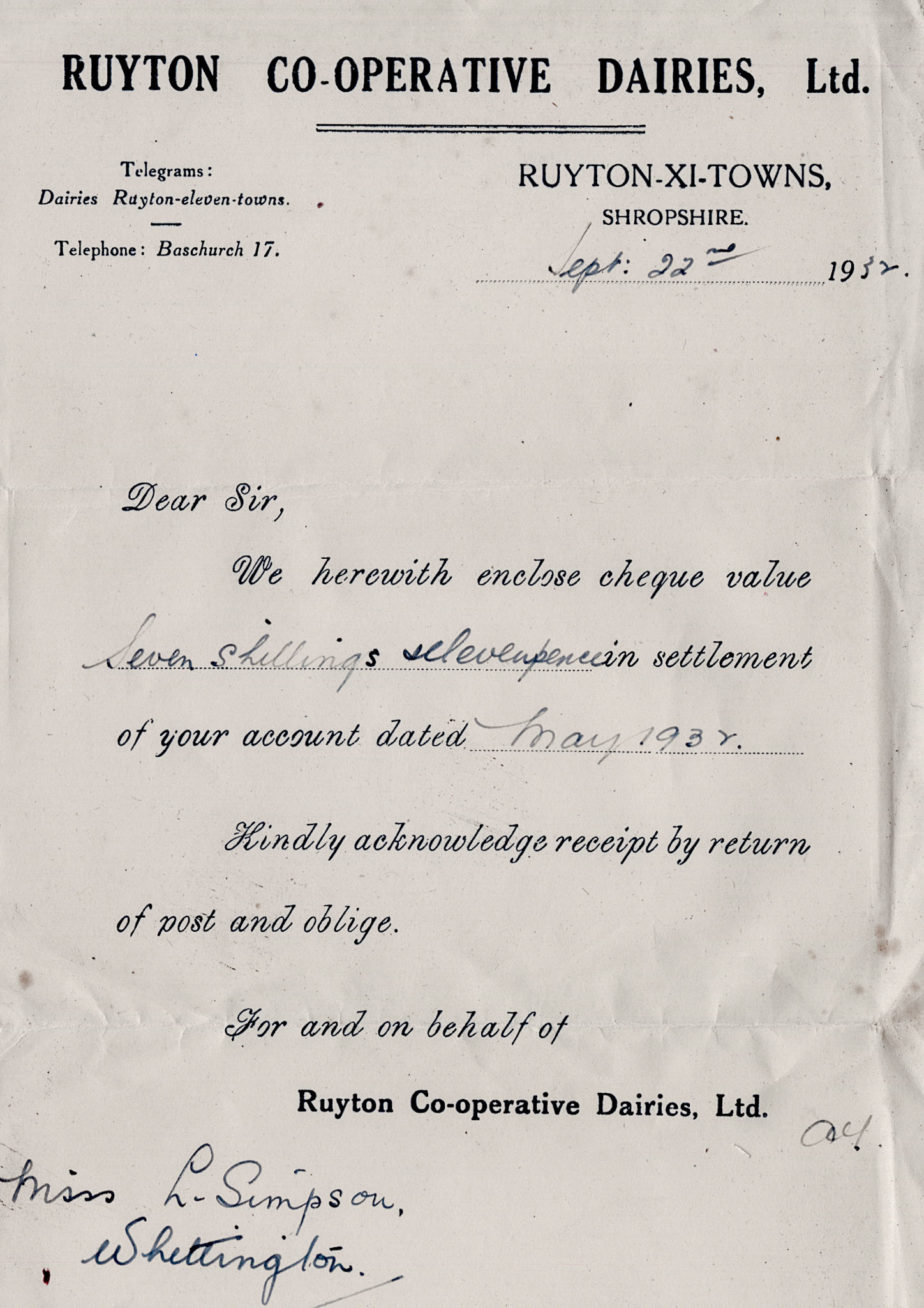 1932 Accompanying letter “in settlement of your account dated May 1932” with cheque made out to Miss L. Simpson for 7s-11d