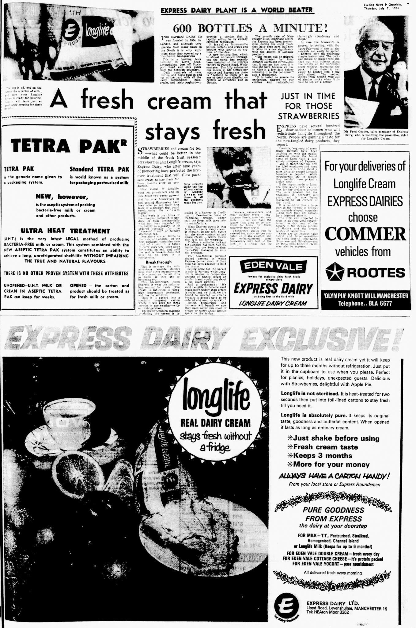 1966 Express full-page feature in the Manchester Evening News on 07 July announces a new bottling line at Paston Road, Wythenshawe to complement the existing site at Levenshulme.  (Courtesy of THE BRITISH LIBRARY BOARD)