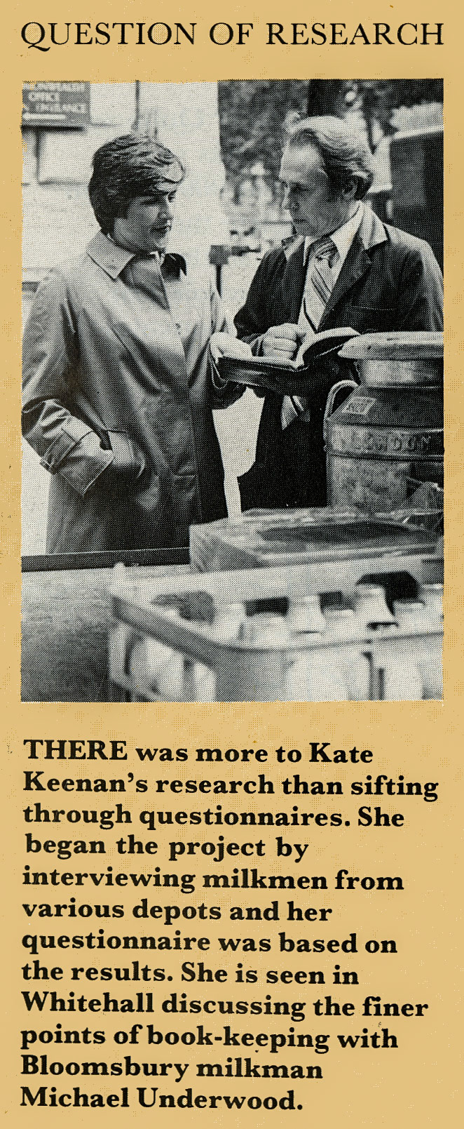 1980 Milkmen's survey results by Miss Kate Keenan from Birkbeck College, London, discussing book-keeping with Michael Underwood from Bloomsbury Depot. (Express News October)