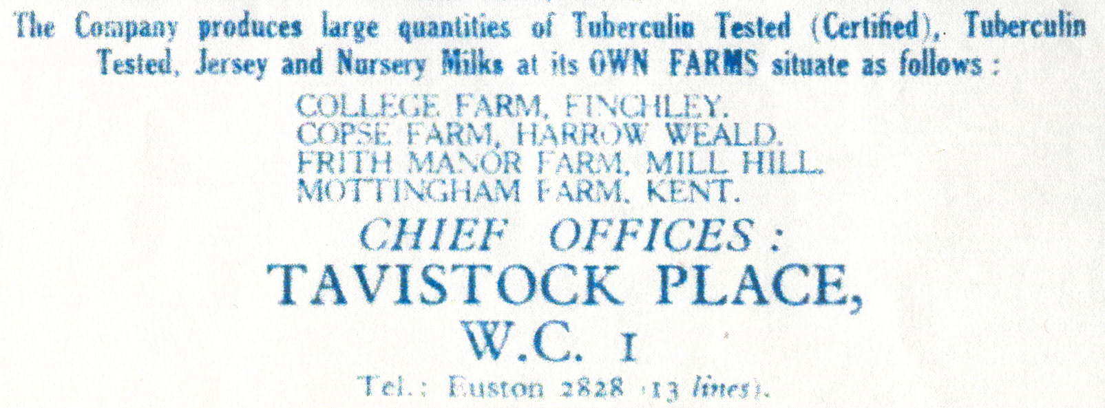 1900's ? Alphabetical List of dairies in London selling 'Tuberculin Tested, Jersey and Nursery Milks from its own farms' (Courtesy Dave Fane)