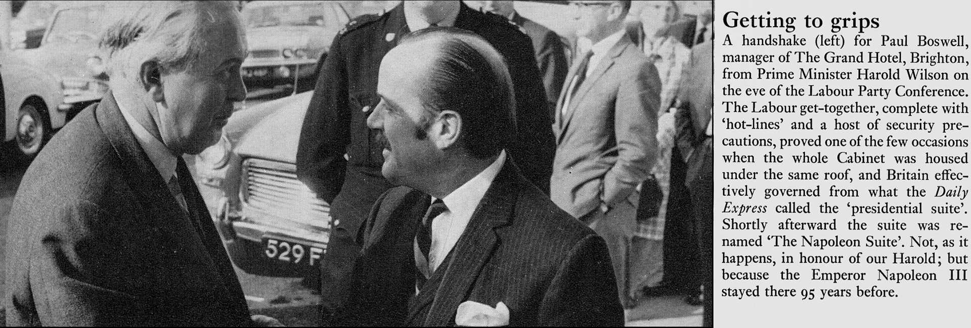 1969 Prime Minister Harold Wilson shakes hands with Paul Boswell, manager of The Grand Hotel, Brighton. (Express News Christmas)